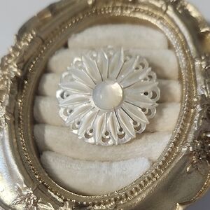 Vintage Carved Flower Mother of Pearl Shell Brooch Pin Round MOP